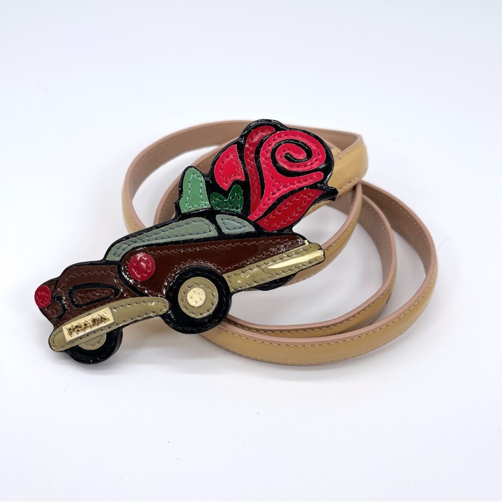 Prada Authentic Vintage XL Buckle Novelty Car Roses Belt Patent Leather 90/36 🚗